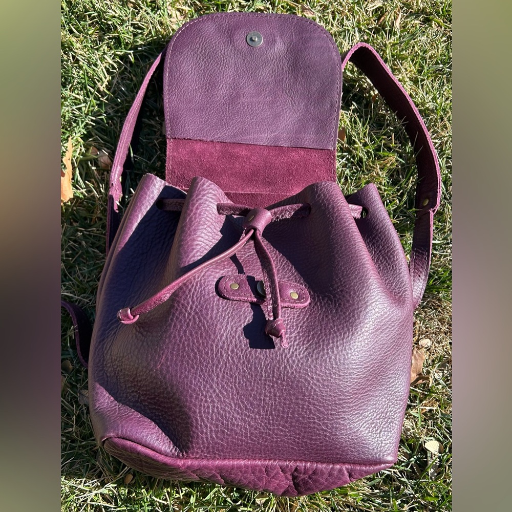 Portland Leather Goods Bucket Drawstring Backpack Plum Pebbled Leather - Picture 9 of 16